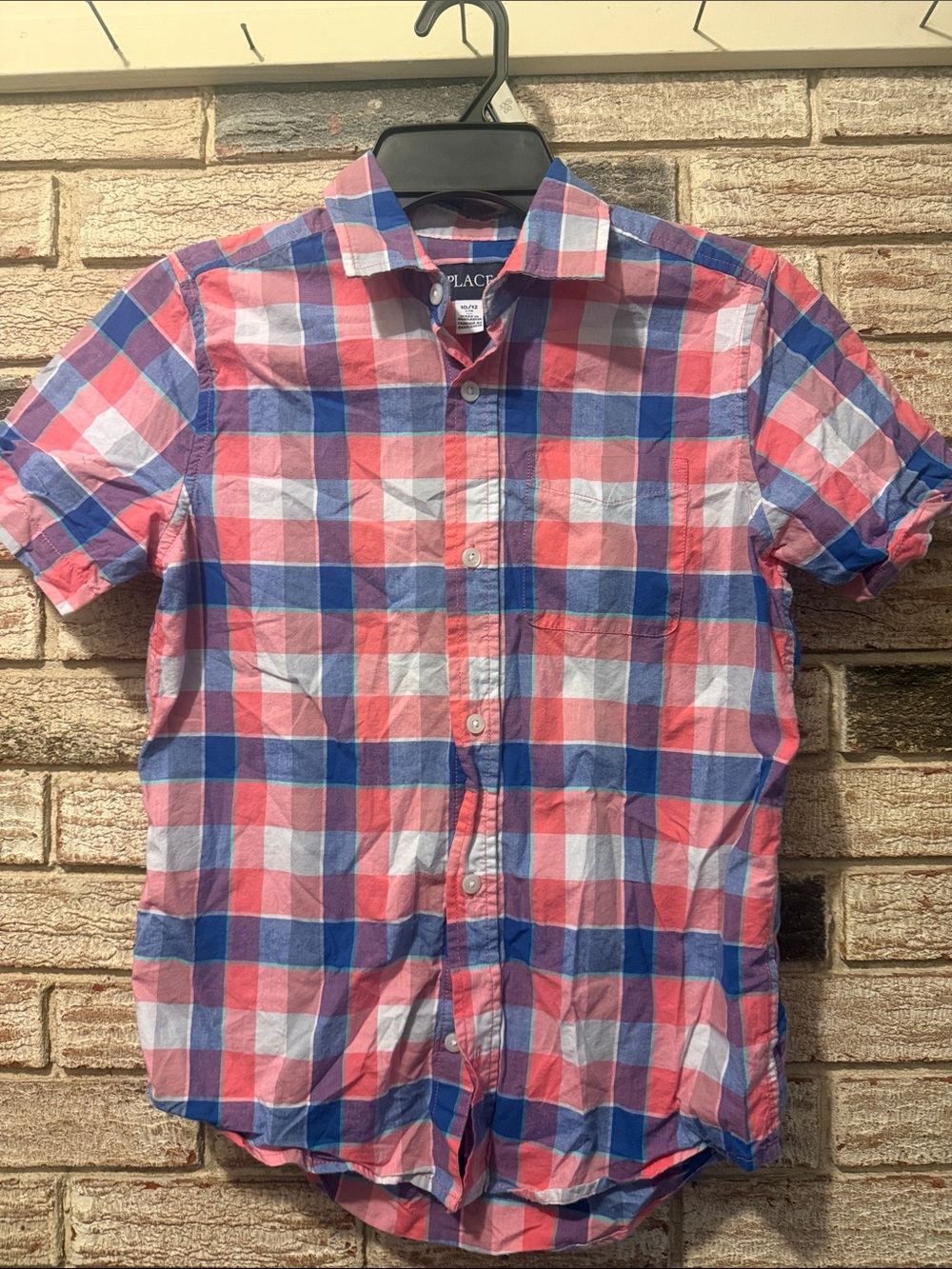 The Children's Place Men's Pink and Blue Plaid Short-Sleeve Button-Up Shirt